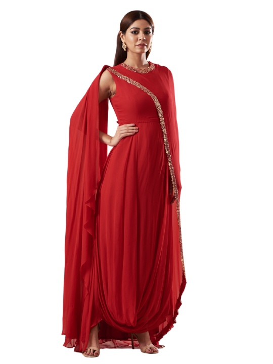 Red Embroidered Draped Dress