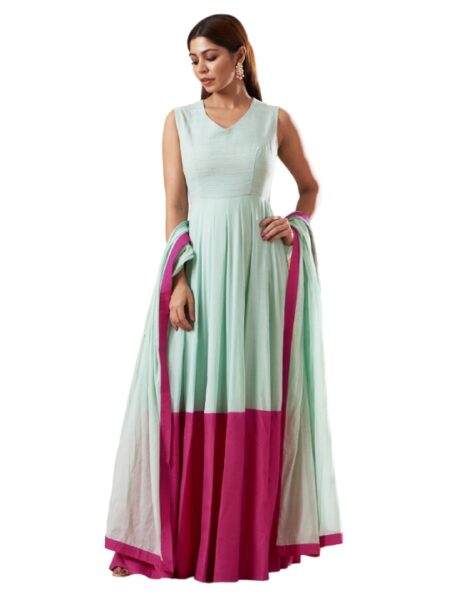 Powder Blue & Pink Cotton Anarkali Set