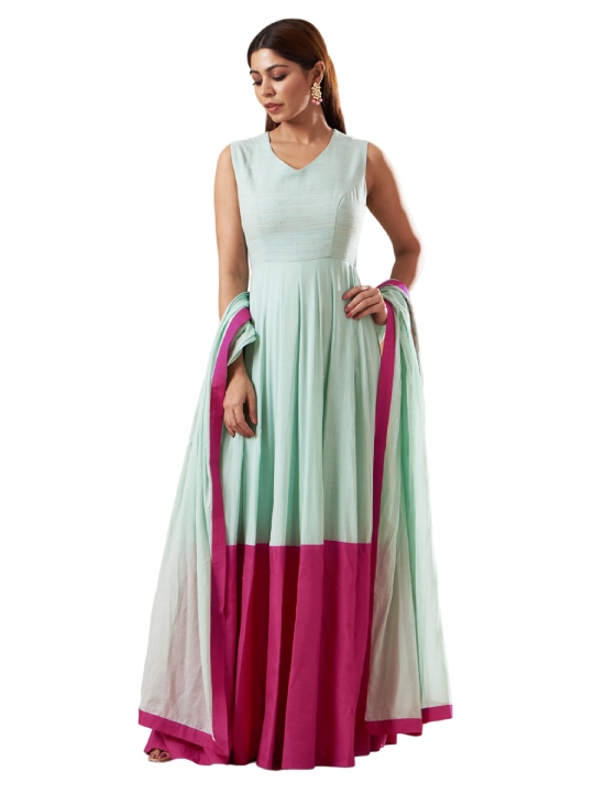 Powder Blue & Pink Cotton Anarkali Set