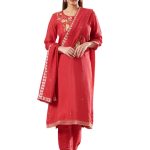 Red Silk Embroidered Kurta Set