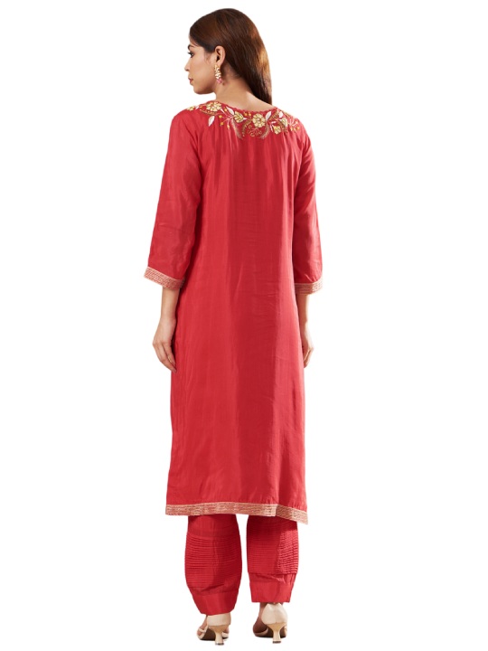 Red Silk Embroidered Kurta Set