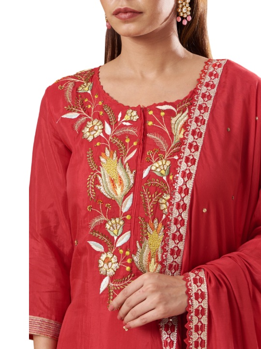 Red Silk Embroidered Kurta Set