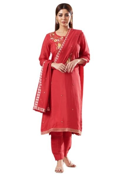 Red Silk Embroidered Kurta Set