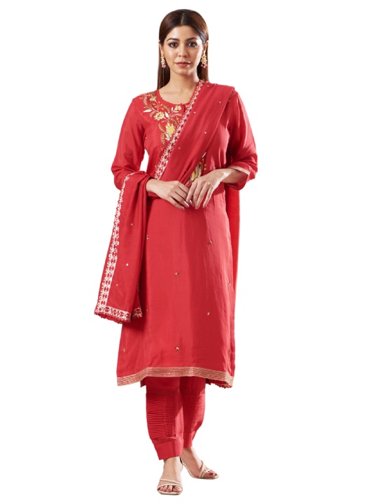 Red Silk Embroidered Kurta Set