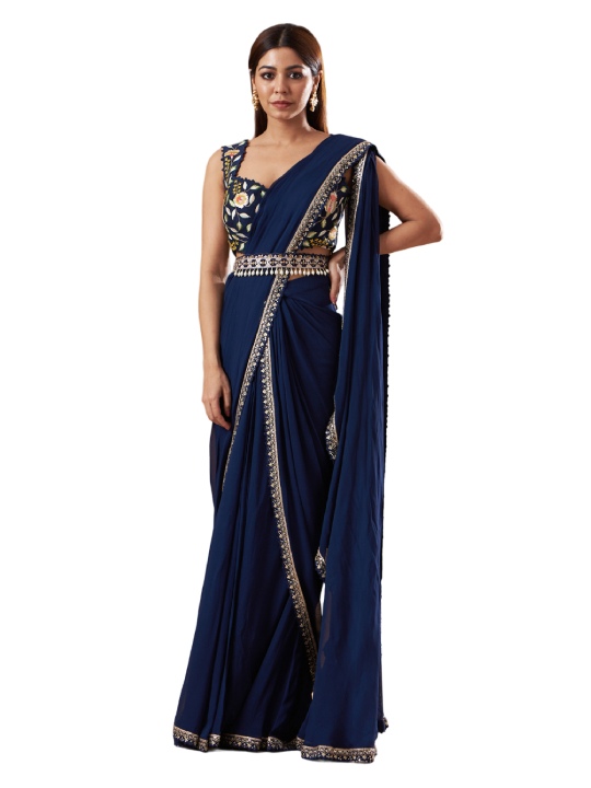 Blue Georgette Embroidered Draped Saree Set