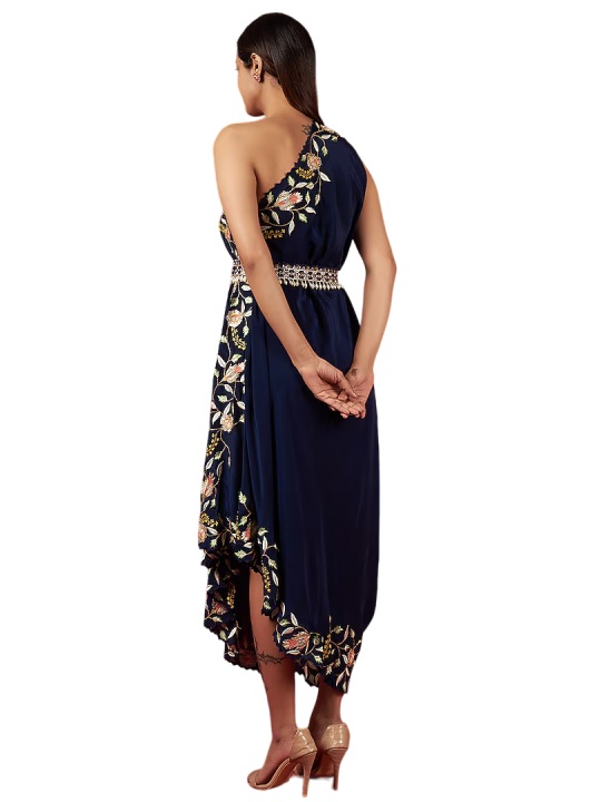 Deep Blue Crepe Embroidered One Shoulder Dress