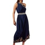Deep Blue Crepe Embroidered One Shoulder Dress