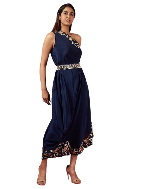 Deep Blue Crepe Embroidered One Shoulder Dress