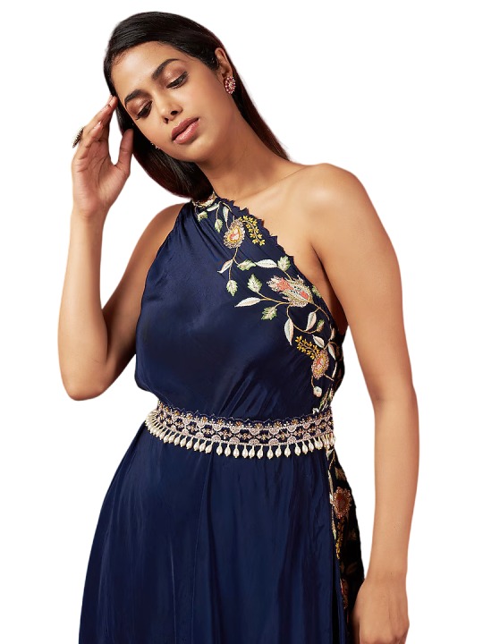 Deep Blue Crepe Embroidered One Shoulder Dress