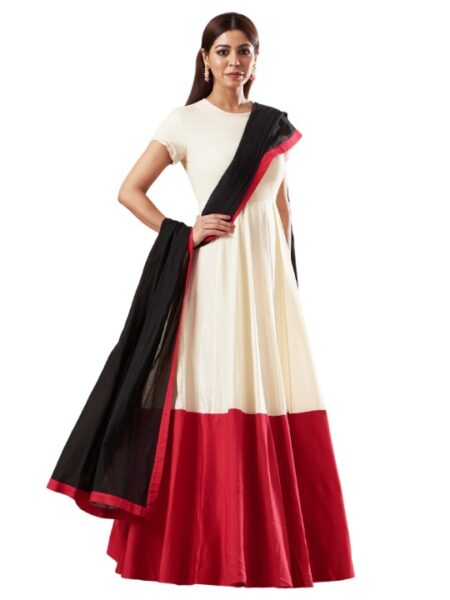 Beige & Red Cotton Anarkali Set