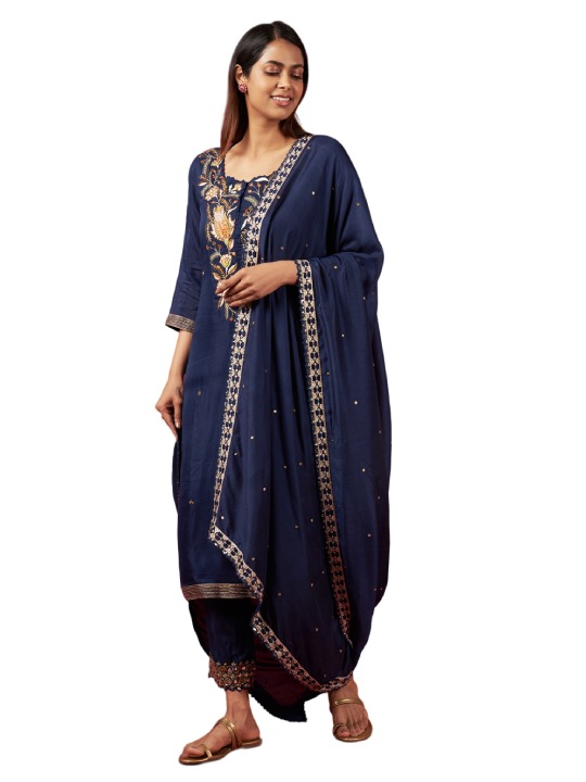 Deep Blue Chennur Embroidered Kurta Set