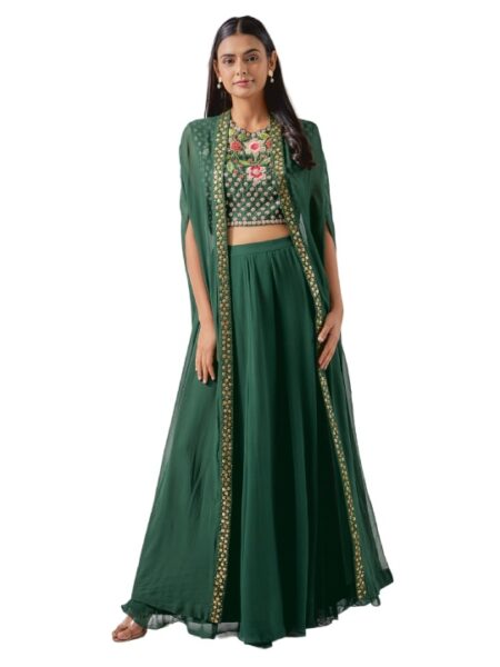 Green Georgette Embroidered Cape Set