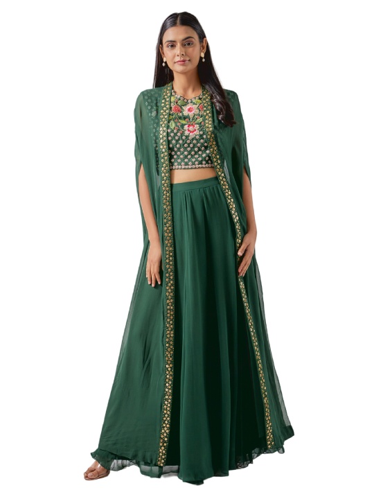 Green Georgette Embroidered Cape Set