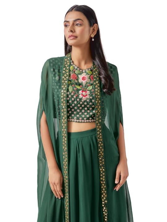 Green Georgette Embroidered Cape Set