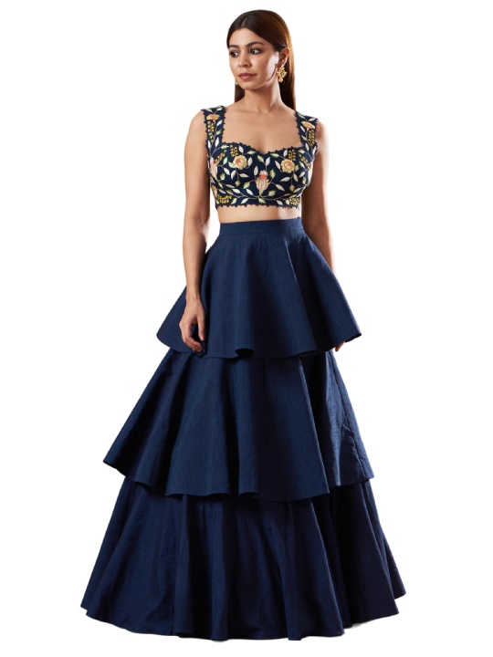 Midnight Blue Silk Layered Lehenga Set