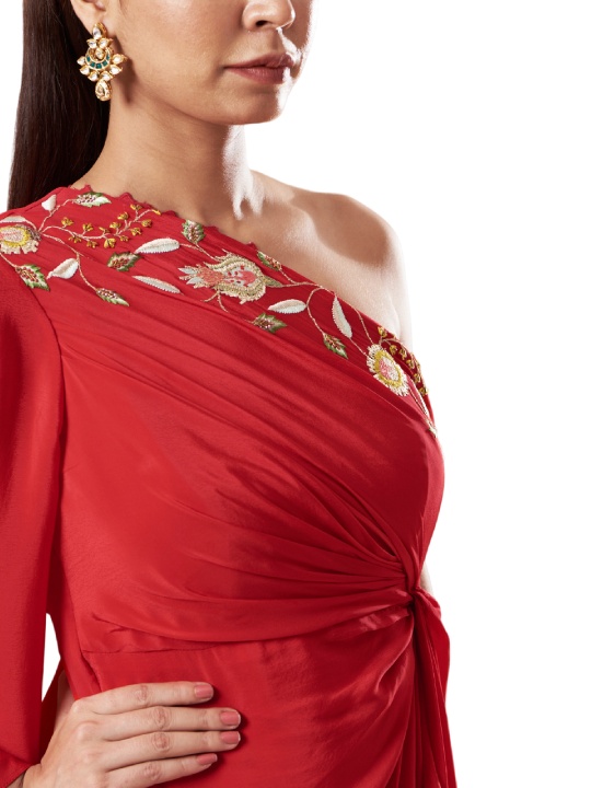 Red Crepe One Shoulder Dress