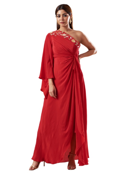 Red Crepe One Shoulder Dress