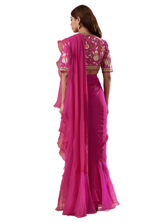 Pink Embroidered Ruffled Saree Set