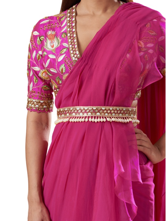 Pink Embroidered Ruffled Saree Set