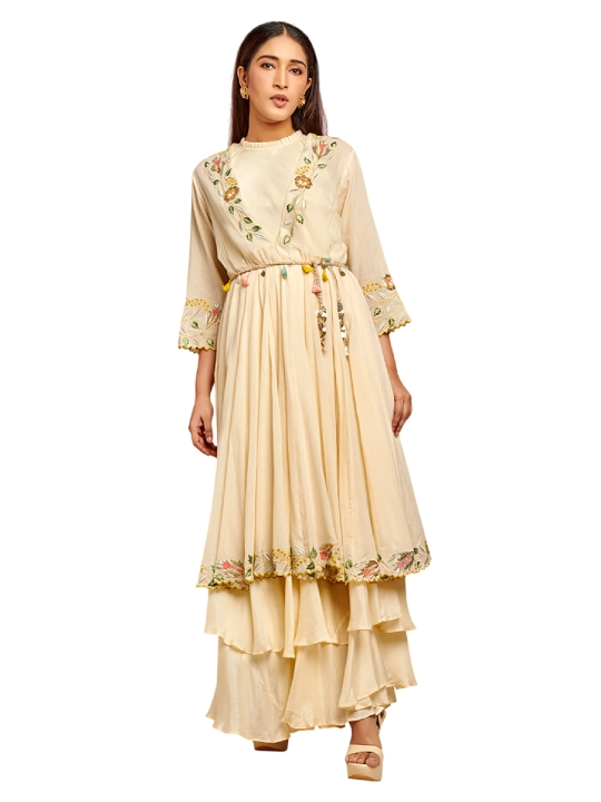 Beige Mul Thread Embroidered Anarkali Set