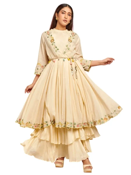 Beige Mul Thread Embroidered Anarkali Set