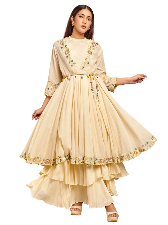 Beige Mul Thread Embroidered Anarkali Set