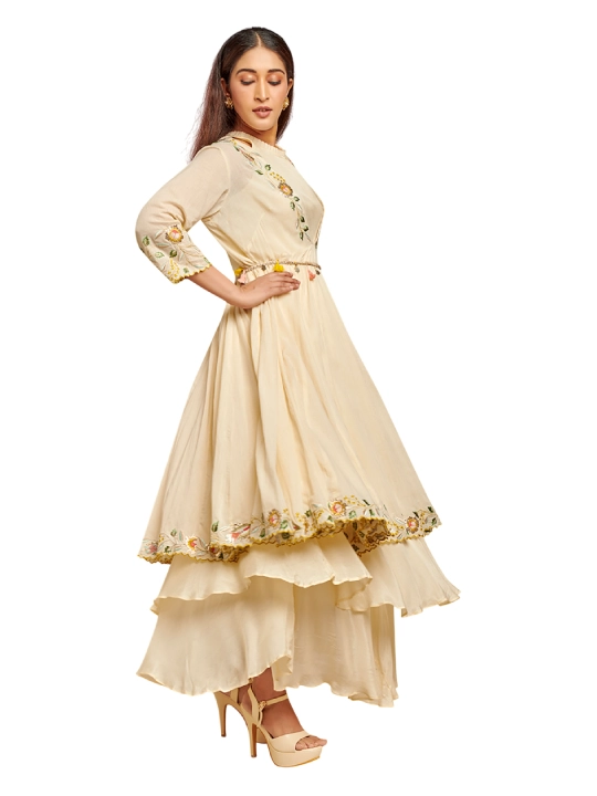 Beige Mul Thread Embroidered Anarkali Set