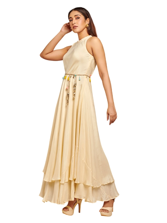 Beige Mul Thread Embroidered Anarkali Set