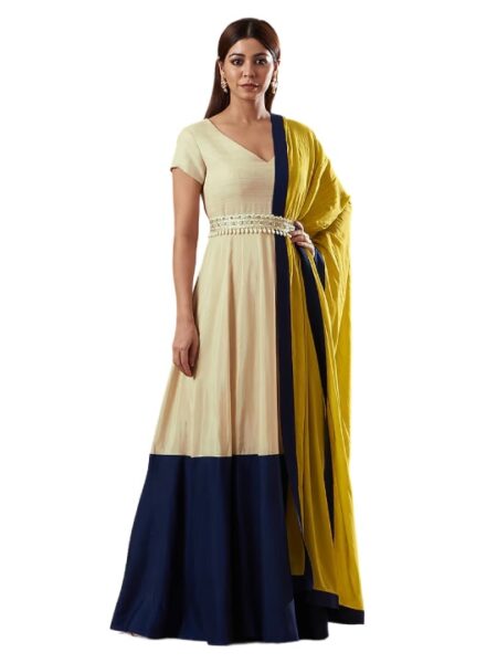 Beige & Blue Cotton Anarkali Set