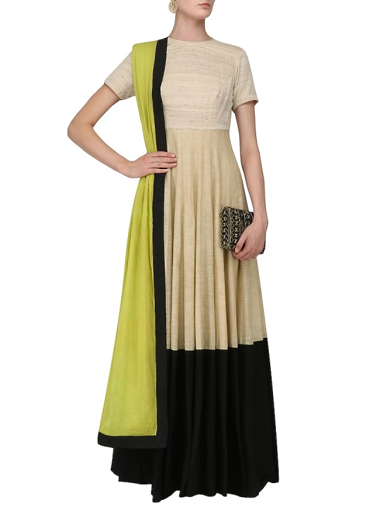 Beige and Black Floor Length Anarkali Set
