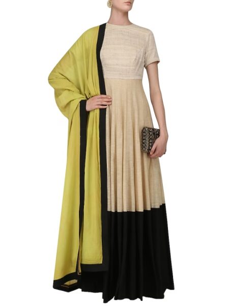 Beige and Black Floor Length Anarkali Set