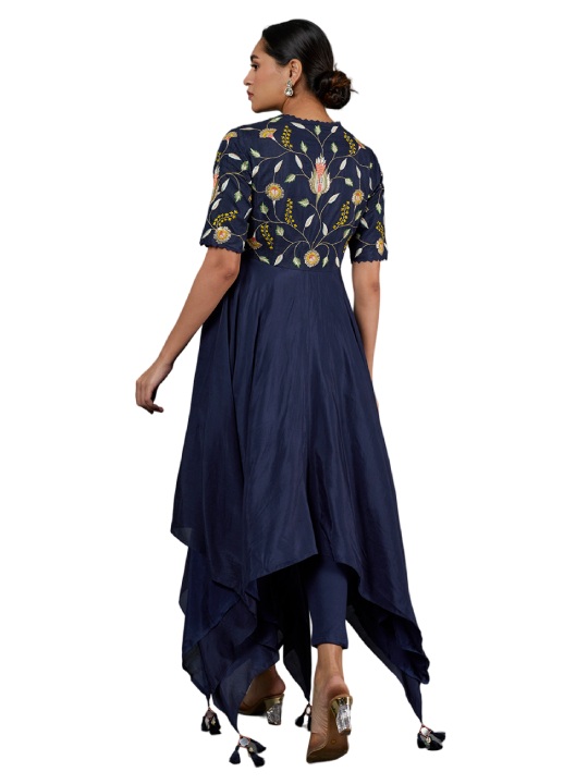 Blue Embroidered Asymmetrical Kurta