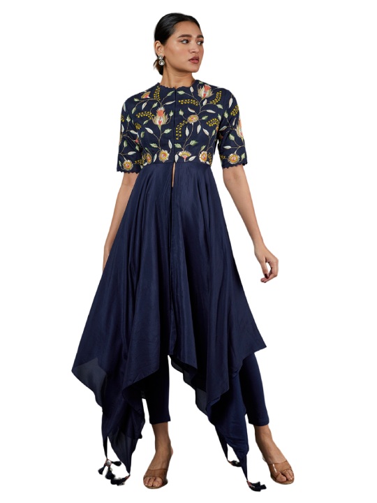 Blue Embroidered Asymmetrical Kurta