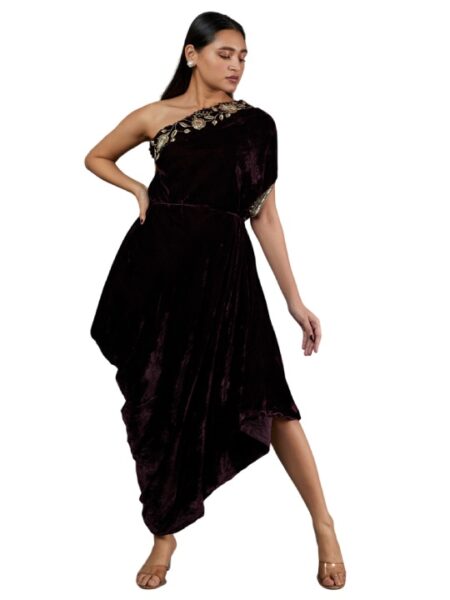 Burgundy Embroidered One-Shoulder Dress