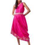Hot Pink Crepe Embroidered One-Shoulder Dress
