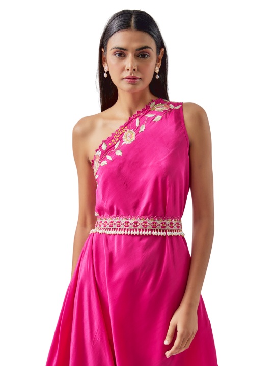 Hot Pink Crepe Embroidered One-Shoulder Dress