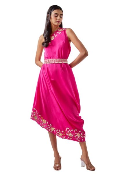 Hot Pink Crepe Embroidered One-Shoulder Dress