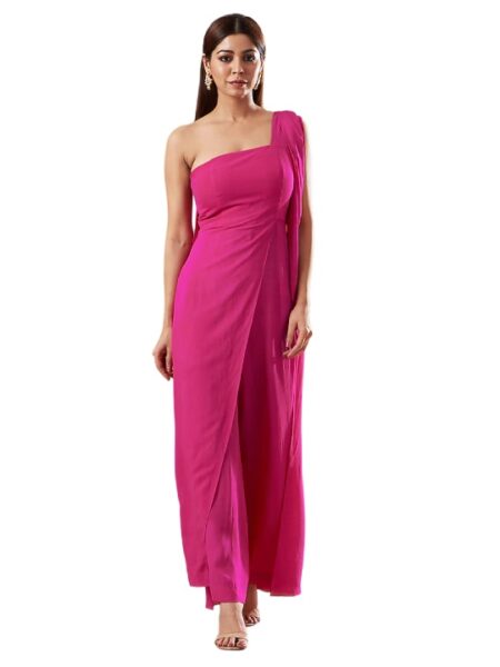 Hot Pink Georgette One-Shoulder Jumpsuit