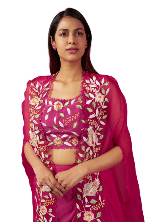 Hot Pink Organza Embroidered Cape Set