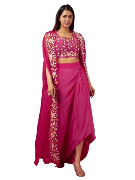 Hot Pink Organza Embroidered Cape Set