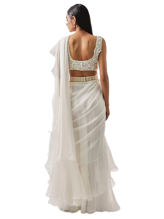Ivory Chiffon Draped Ruffle Saree Set