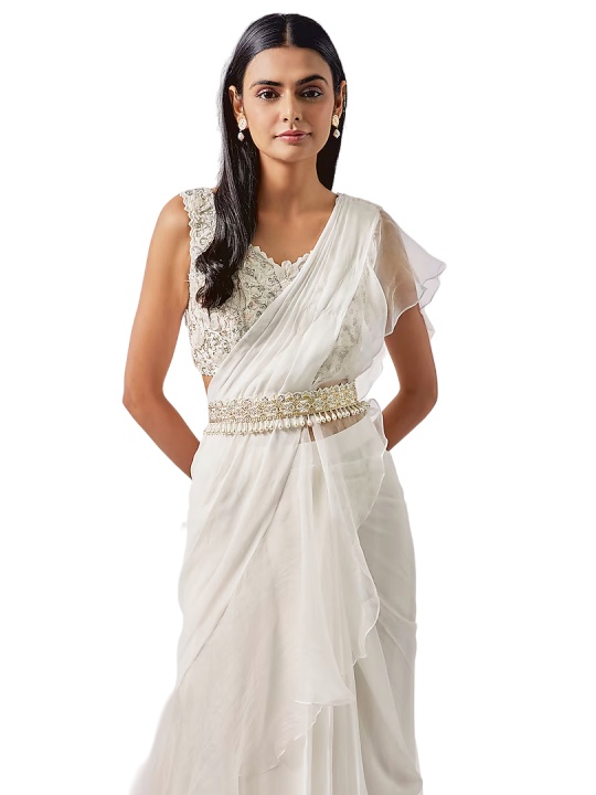 Ivory Chiffon Draped Ruffle Saree Set