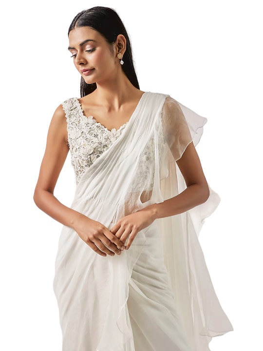 Ivory Chiffon Draped Ruffle Saree Set