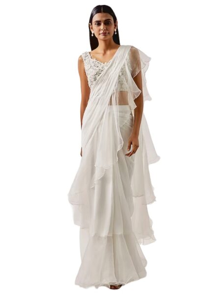 Ivory Chiffon Draped Ruffle Saree Set
