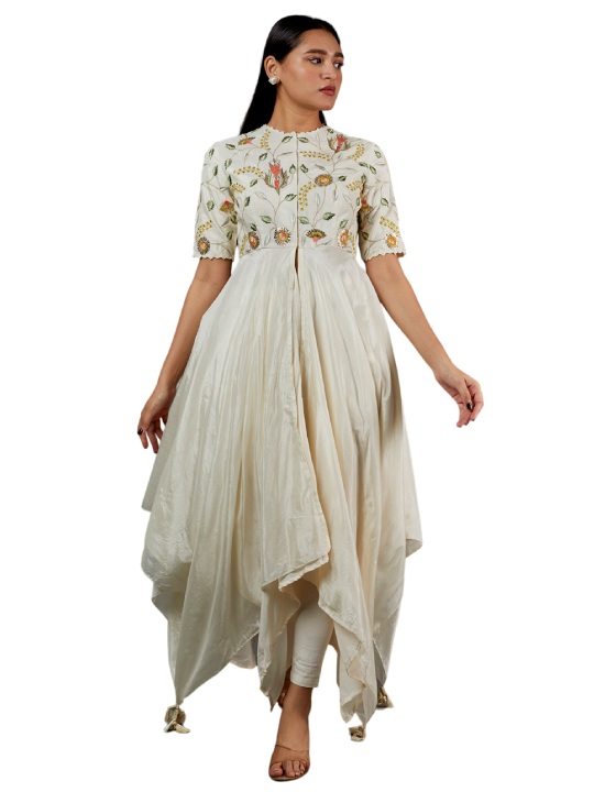 Ivory Embroidered Asymmetrical Kurta