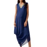 Navy Blue Georgette Embroidered Cowl Dress