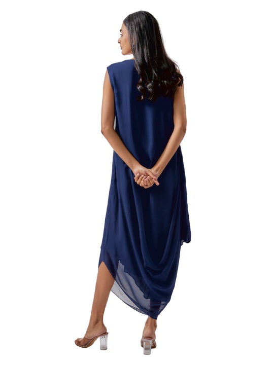 Navy Blue Georgette Embroidered Cowl Dress