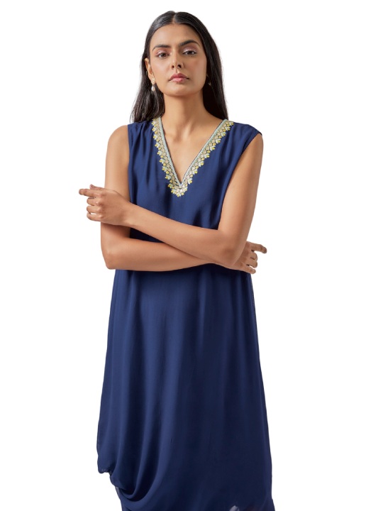 Navy Blue Georgette Embroidered Cowl Dress