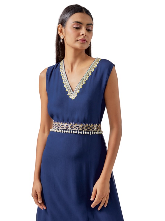 Navy Blue Georgette Embroidered Cowl Dress