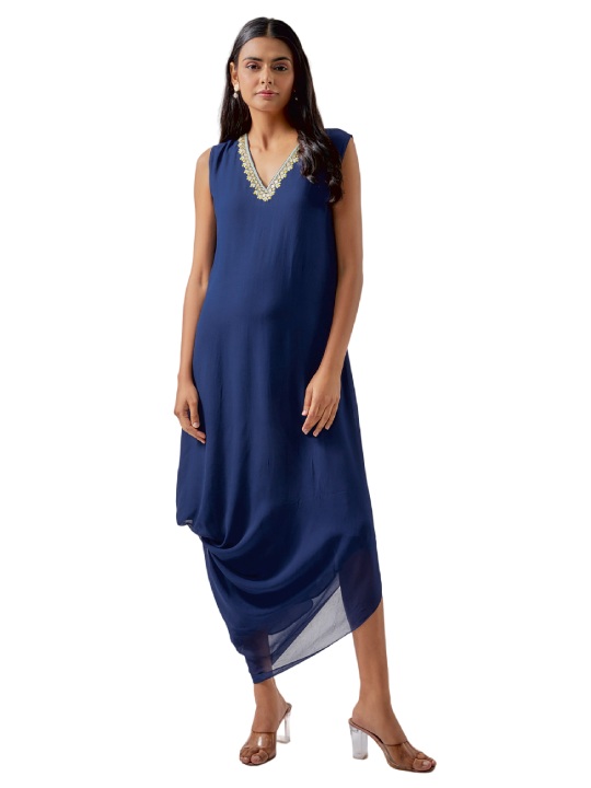 Navy Blue Georgette Embroidered Cowl Dress